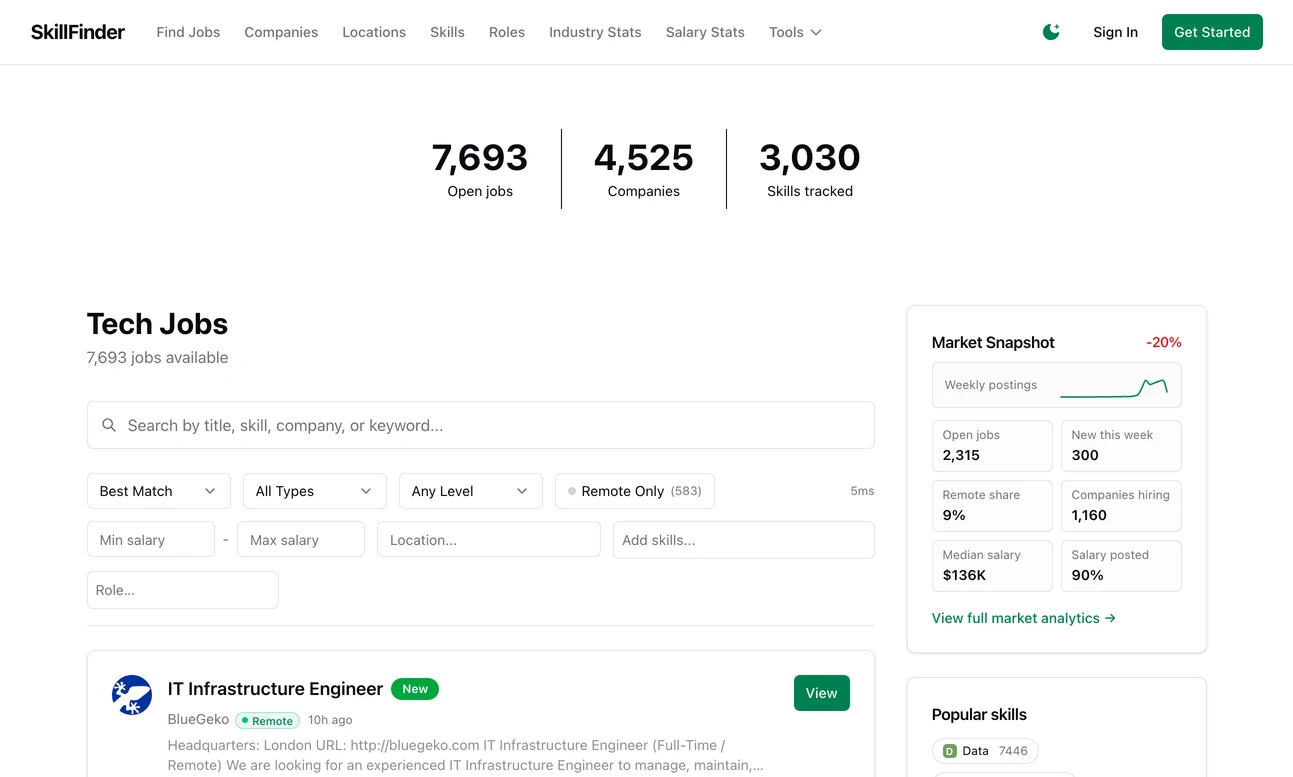 The home page of skillfinder.io
