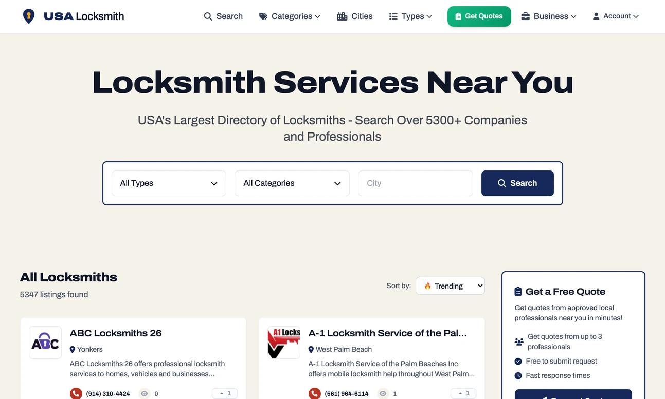 The home page of USA Locksmith