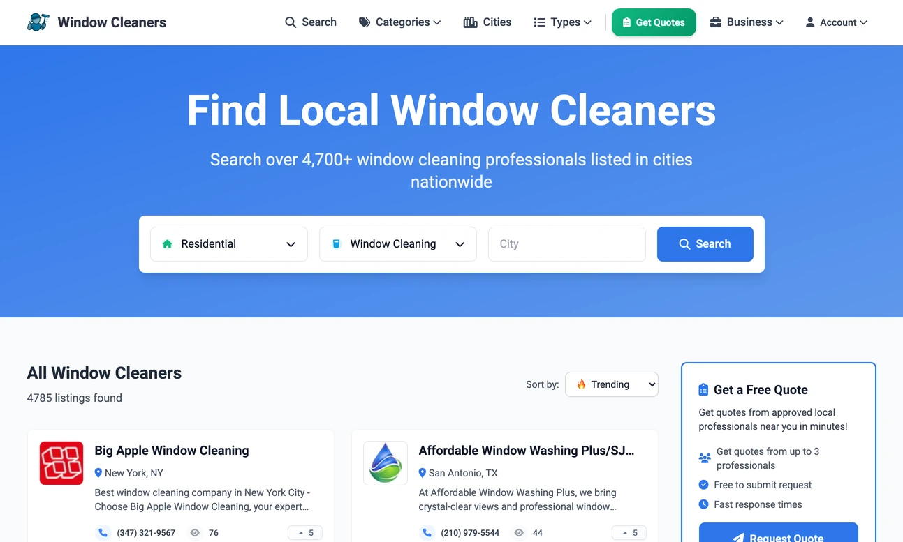 The home page of windowcleaners.io